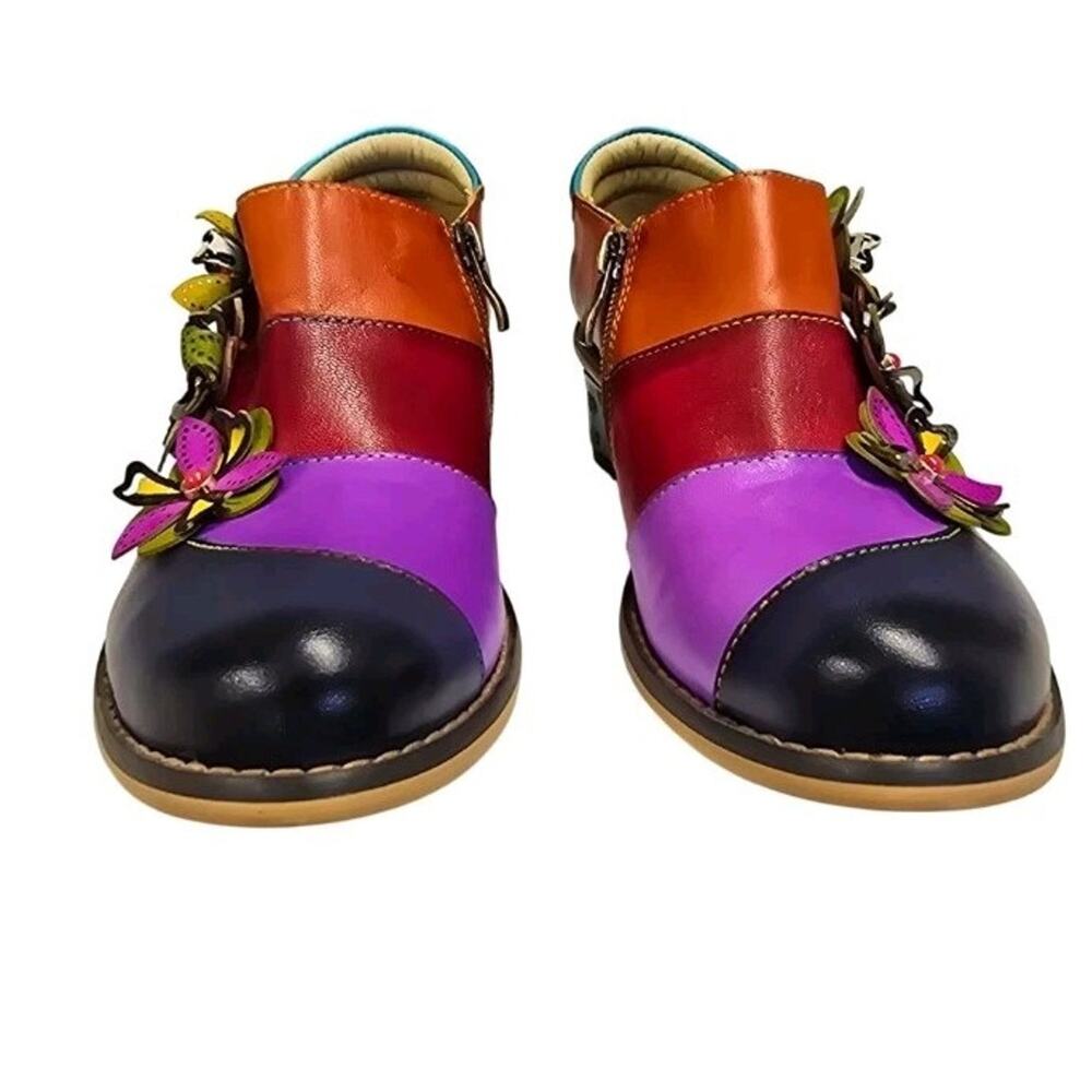 Socofy Women's Size 38 Floral Patchwork Leather Mary Jane Block Heel Shoes Zip - Picture 8 of 12